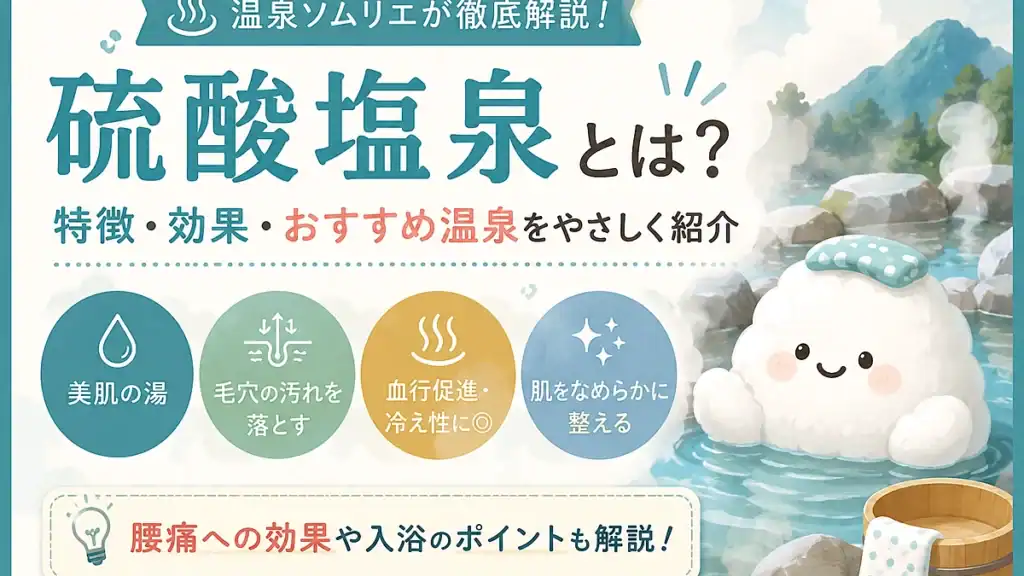 硫酸塩泉の特徴やおすすめ温泉を白いフワフワのキャラクターが解説するアイキャッチ画像