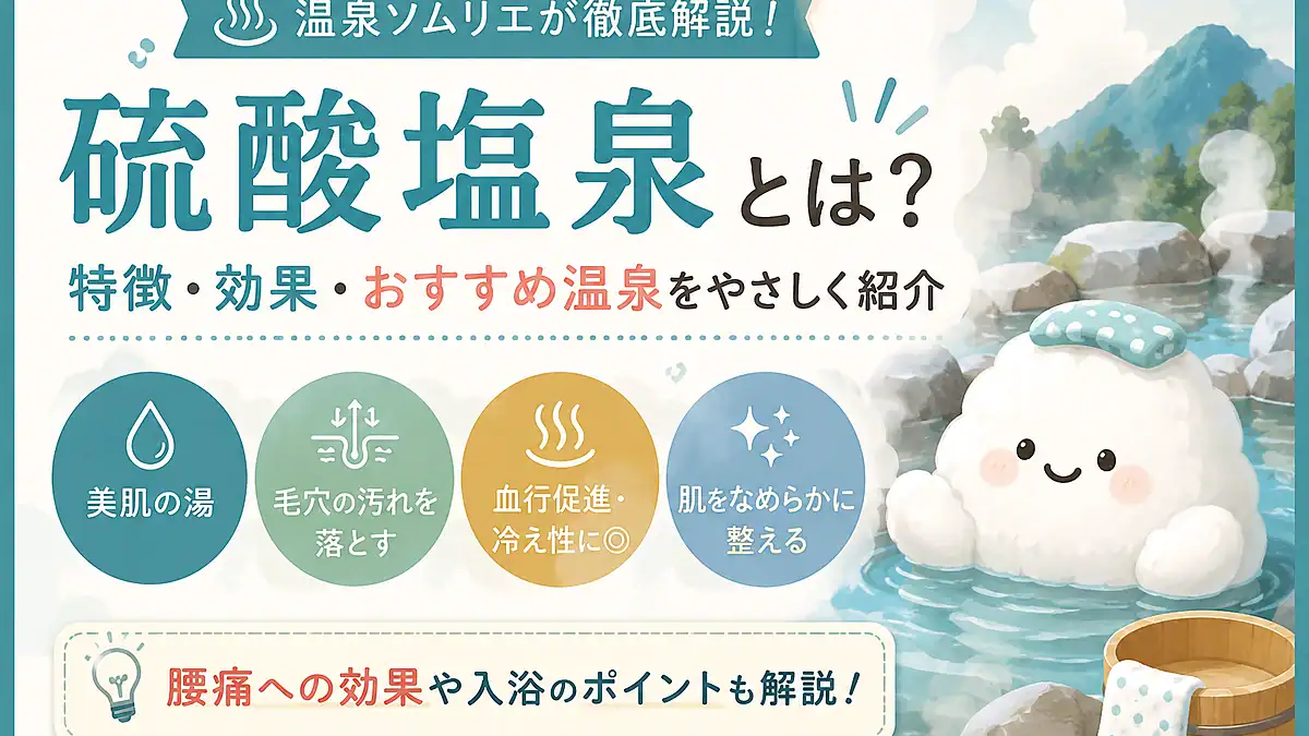 硫酸塩泉の特徴やおすすめ温泉を白いフワフワのキャラクターが解説するアイキャッチ画像