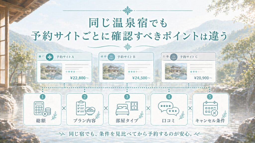 同じ温泉宿でも予約サイトごとに料金・プラン・口コミ・キャンセル条件は違う