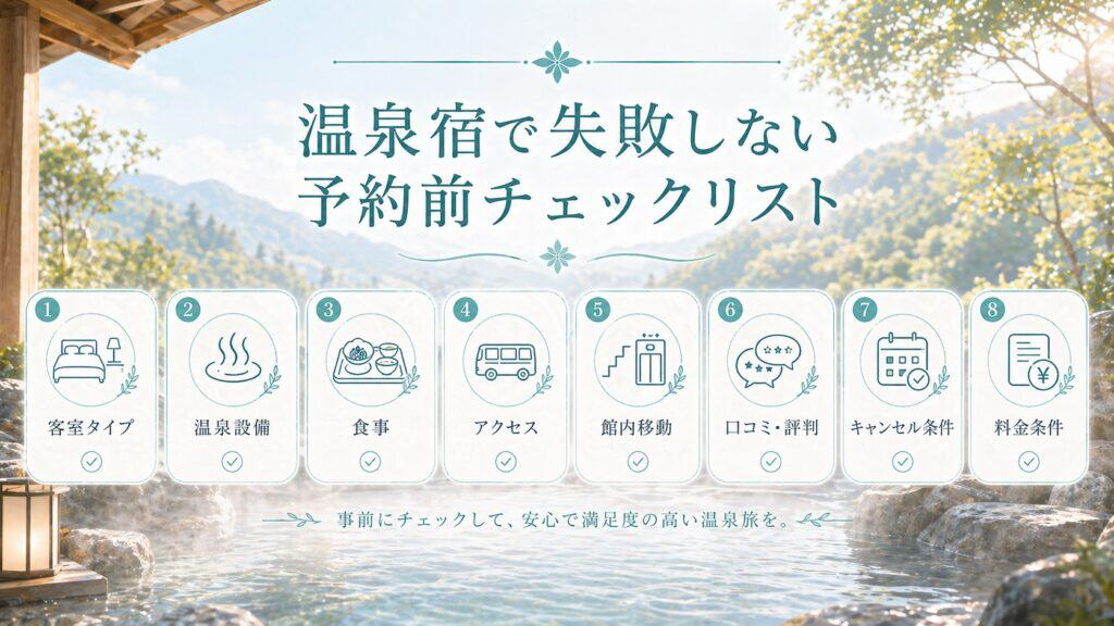 温泉宿で失敗しない予約前チェックリスト（客室・温泉設備・食事・アクセス・館内移動・口コミ・キャンセル・料金）