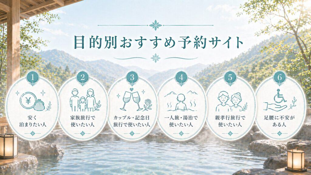 目的別おすすめ温泉宿予約サイト（安さ・家族旅行・記念日・一人旅・親孝行・足腰）