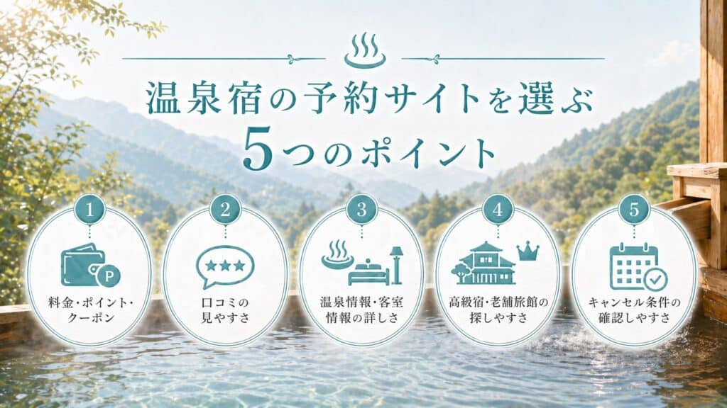 温泉宿の予約サイトを選ぶ5つのポイント（料金・口コミ・温泉情報・高級宿・キャンセル条件）