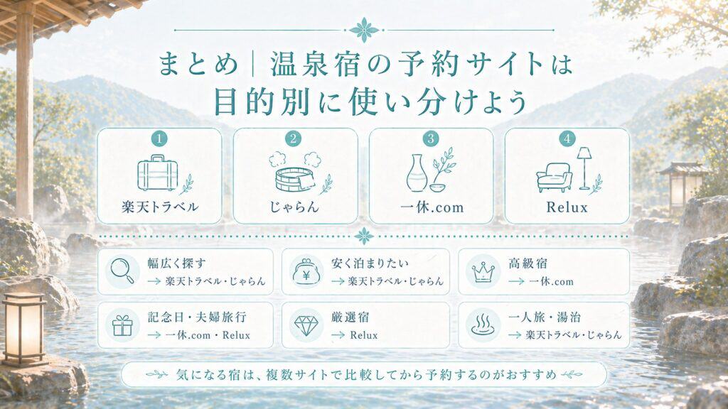 温泉宿の予約サイトは目的別に使い分け｜楽天・じゃらん・一休.com・Reluxまとめ