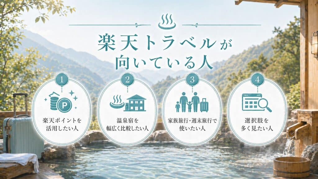 楽天トラベルが向いている人｜楽天ポイント活用・幅広い温泉宿の比較・家族旅行