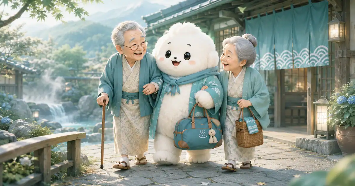 足腰に不安がある親と温泉旅行を楽しむ白いフワフワのキャラクター